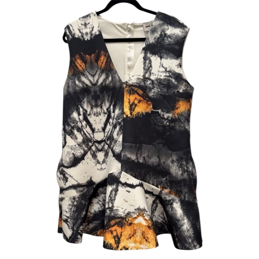 ASOS Sleeveless Black and Orange Abstract Midi Dress Size 12